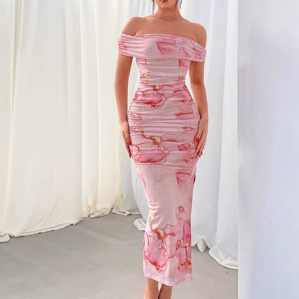 Pink Boho Women's Valentine's Day Floral Print Off-Shoulder Mesh Maxi Dress